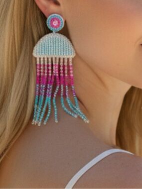 Handmade Blue and Magenta Beaded Fringe Statement Earrings